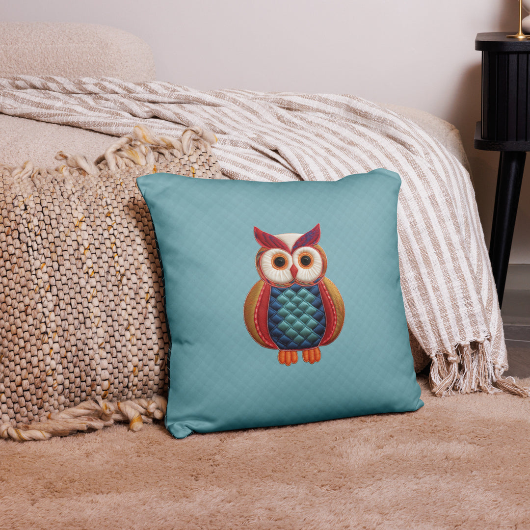 Quilted-Style Owl Pillow with Geometric Pattern Reverse