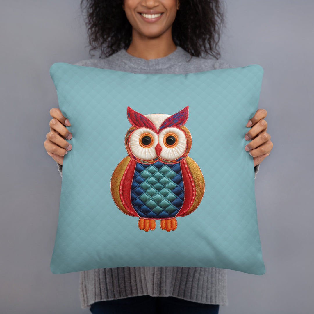 Quilted-Style Owl Pillow with Geometric Pattern Reverse