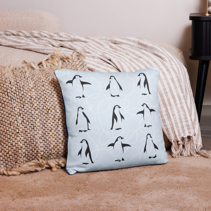 Penguin Parade Pillow with Geometric Blue Reverse