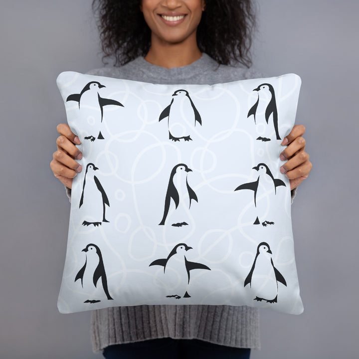 Penguin Parade Pillow with Geometric Blue Reverse