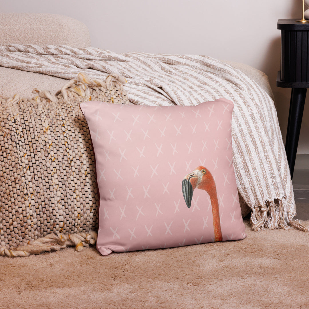 Curious Flamingo Pillow with Geometric Hexagon Reverse