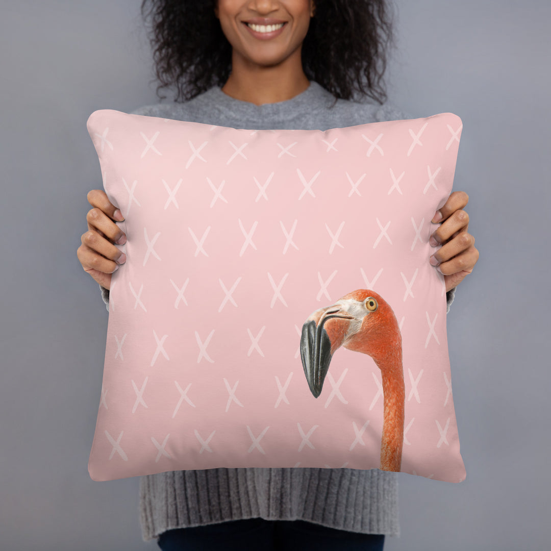 Curious Flamingo Pillow with Geometric Hexagon Reverse