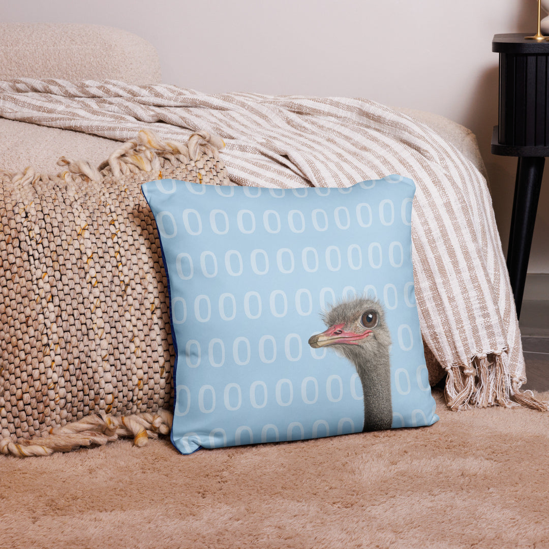 A Curious Ostrich - Blue Reversible Decorative Throw Pillow