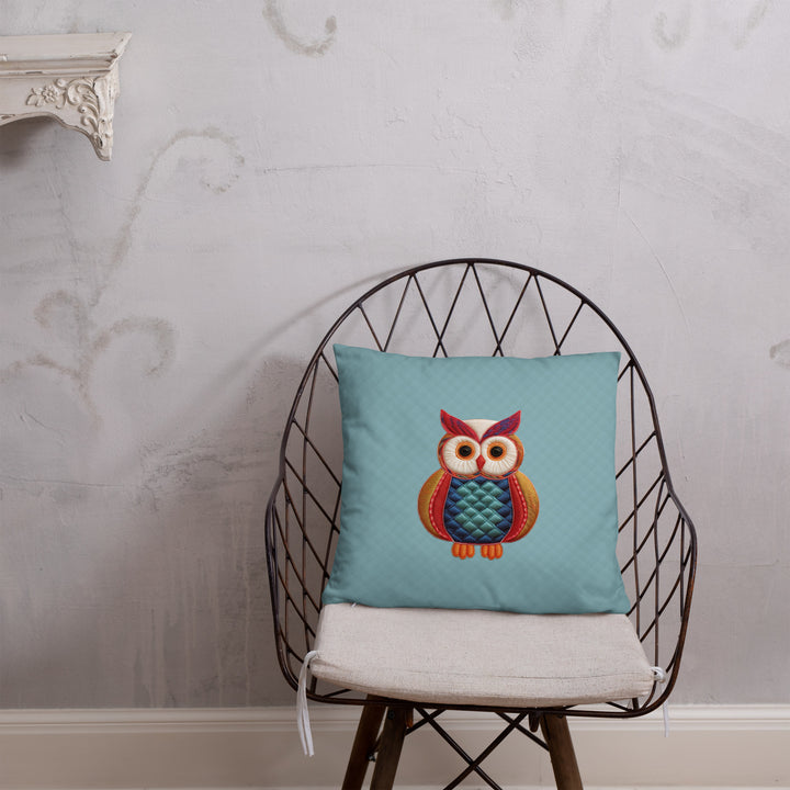 Quilted-Style Owl Pillow with Geometric Pattern Reverse