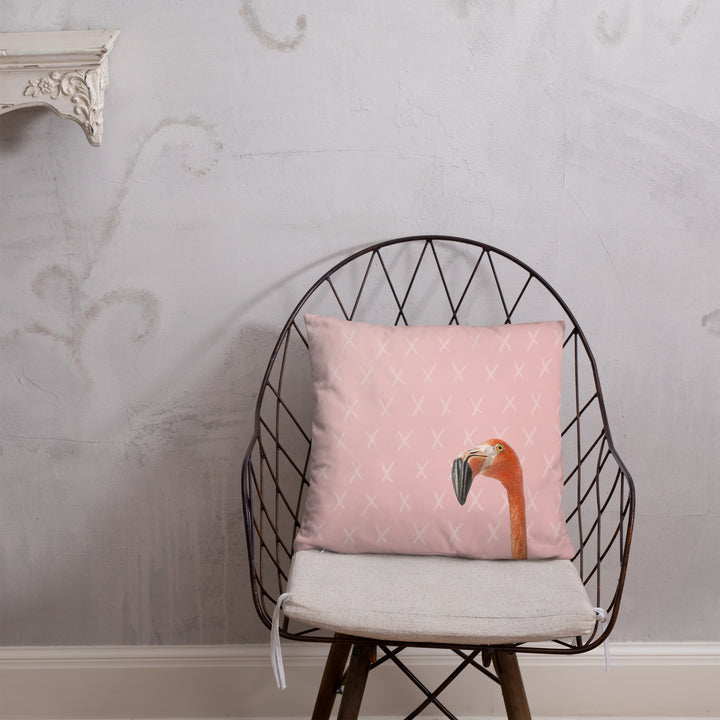 Curious Flamingo Pillow with Geometric Hexagon Reverse