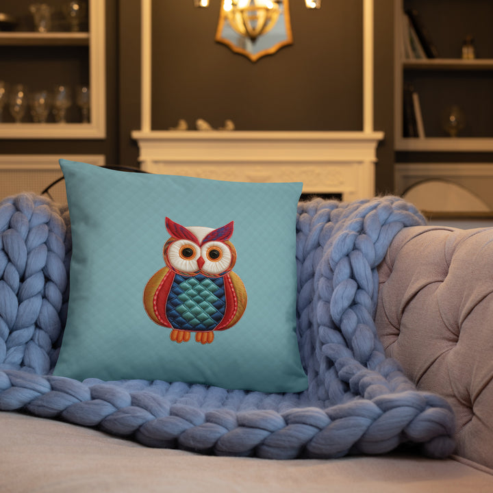 Quilted-Style Owl Pillow with Geometric Pattern Reverse