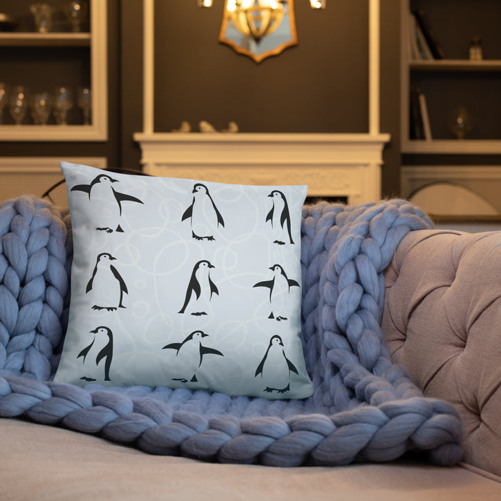 Penguin Parade Pillow with Geometric Blue Reverse