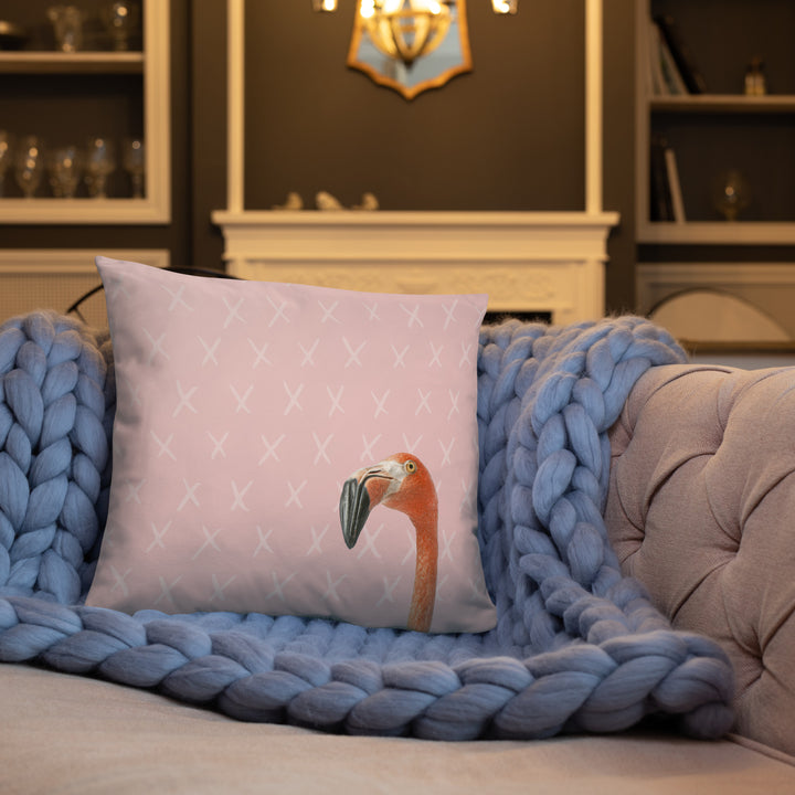 Curious Flamingo Pillow with Geometric Hexagon Reverse