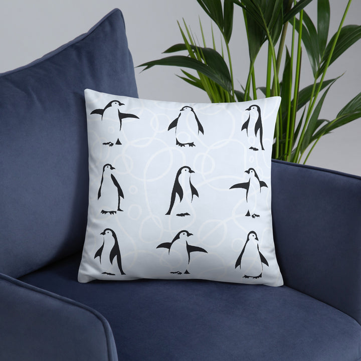 Penguin Parade Pillow with Geometric Blue Reverse