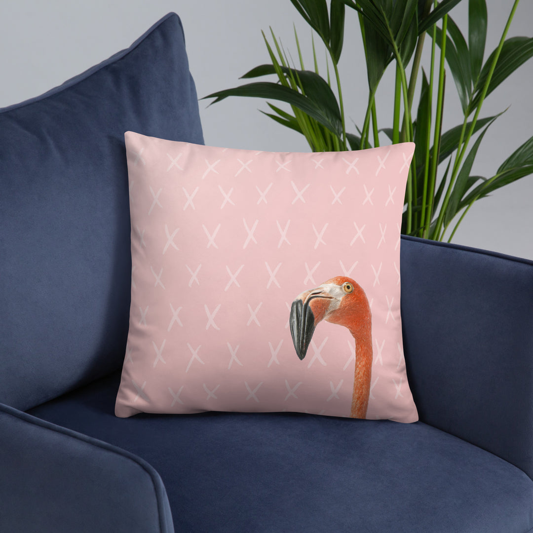 Curious Flamingo Pillow with Geometric Hexagon Reverse