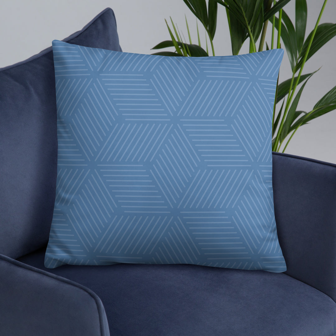 Penguin Parade Pillow with Geometric Blue Reverse