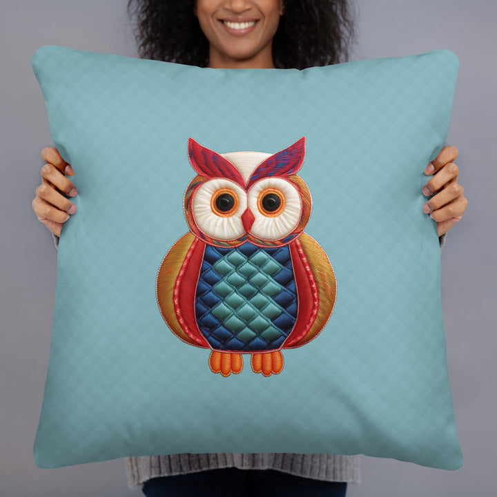 Quilted-Style Owl Pillow with Geometric Pattern Reverse