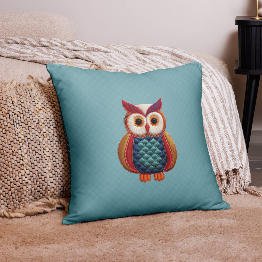 Quilted-Style Owl Pillow with Geometric Pattern Reverse