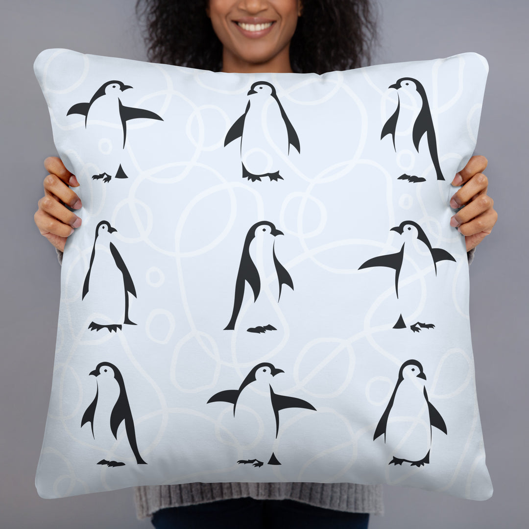 Penguin Parade Pillow with Geometric Blue Reverse