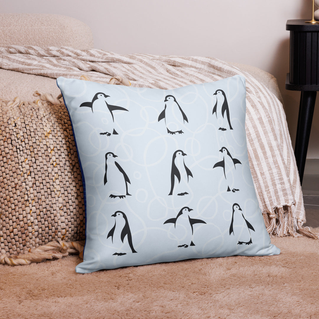 Penguin Parade Pillow with Geometric Blue Reverse