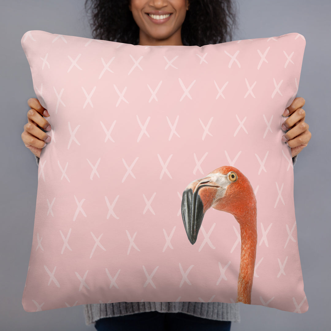 Curious Flamingo Pillow with Geometric Hexagon Reverse