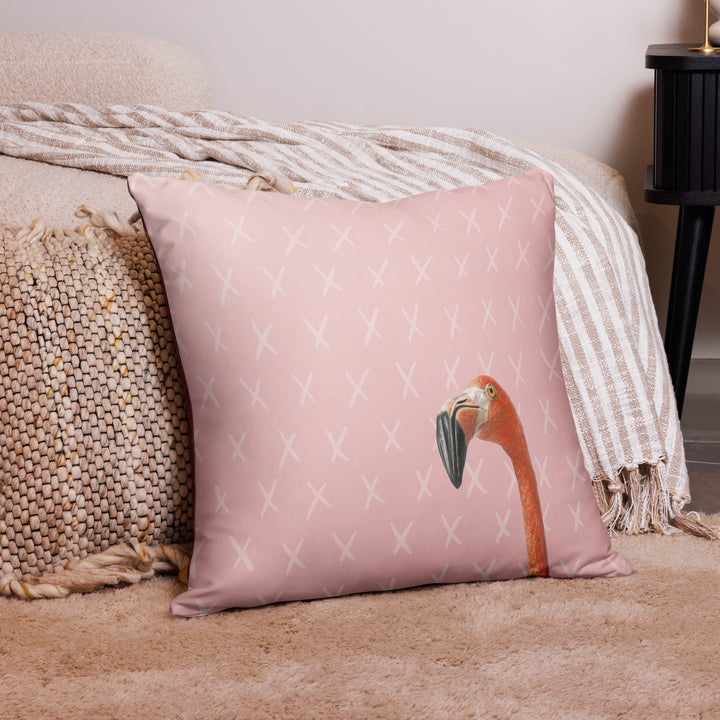 Curious Flamingo Pillow with Geometric Hexagon Reverse