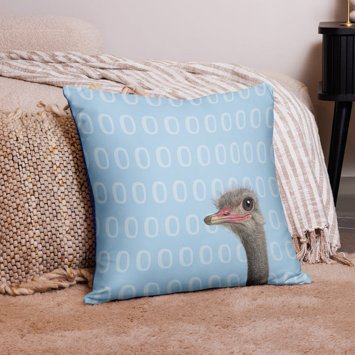 A Curious Ostrich - Blue Reversible Decorative Throw Pillow