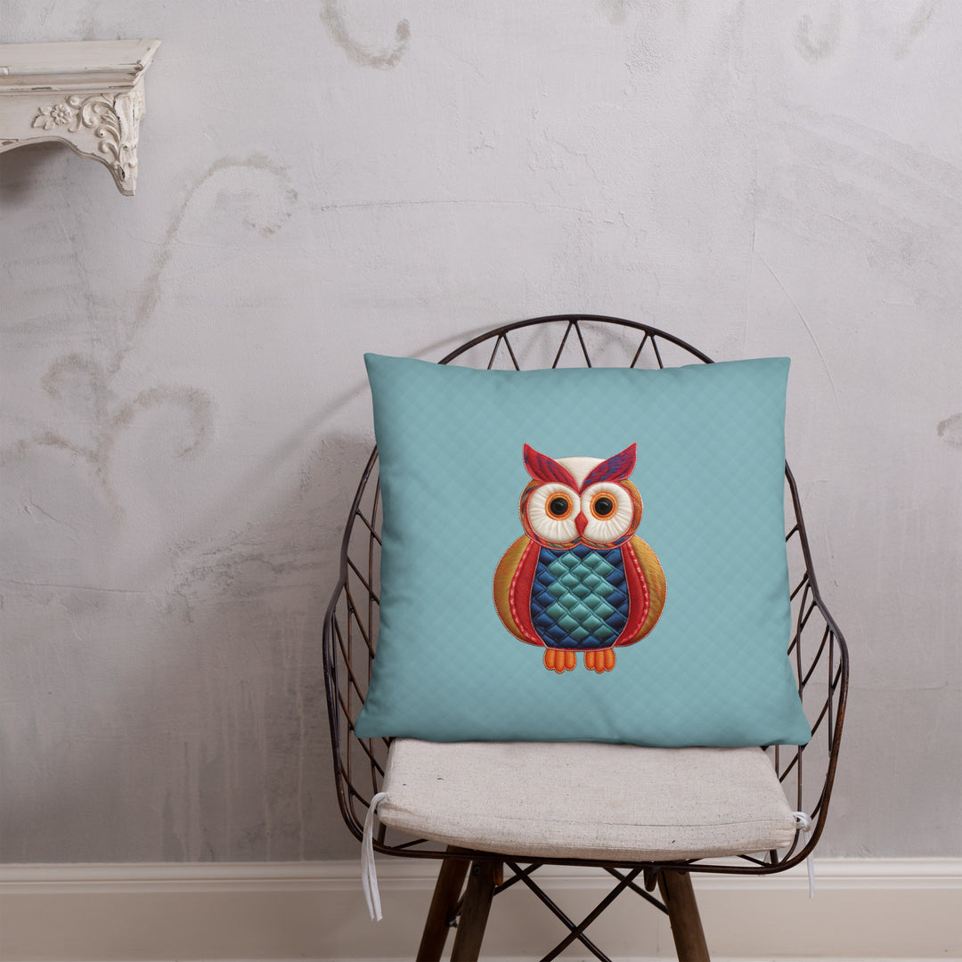 Quilted-Style Owl Pillow with Geometric Pattern Reverse