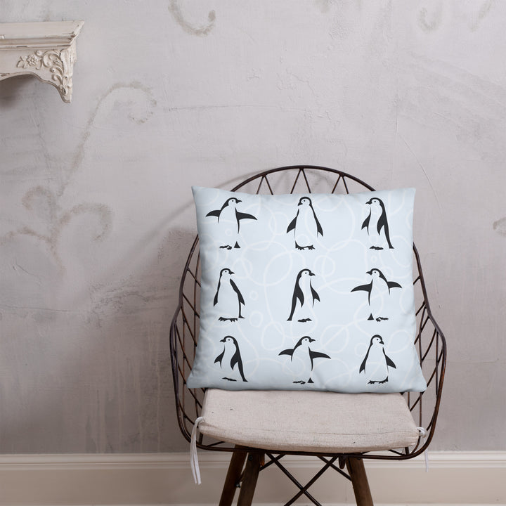 Penguin Parade Pillow with Geometric Blue Reverse