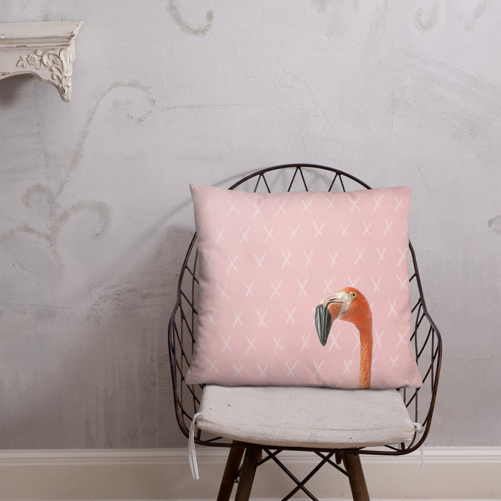 Curious Flamingo Pillow with Geometric Hexagon Reverse