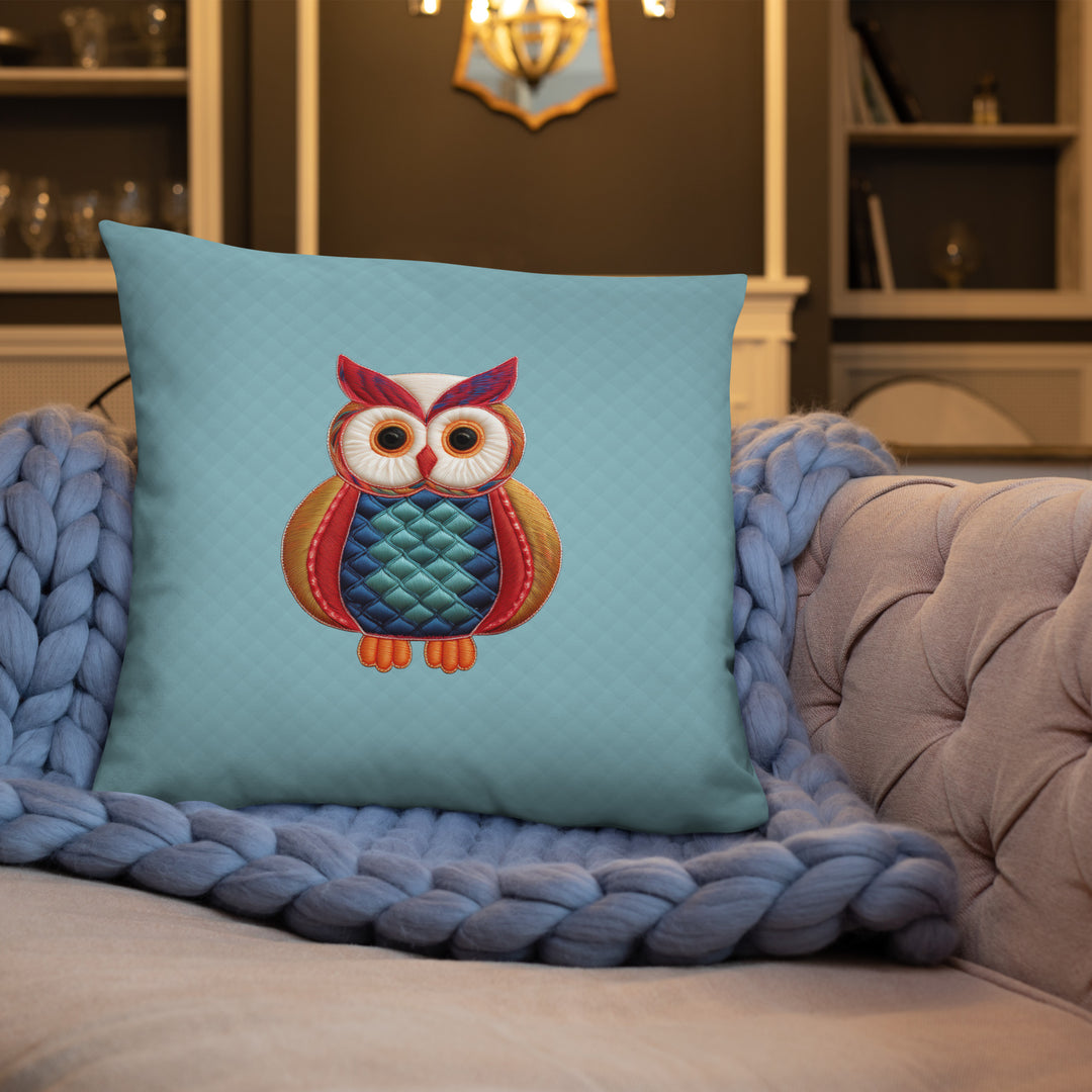 Quilted-Style Owl Pillow with Geometric Pattern Reverse