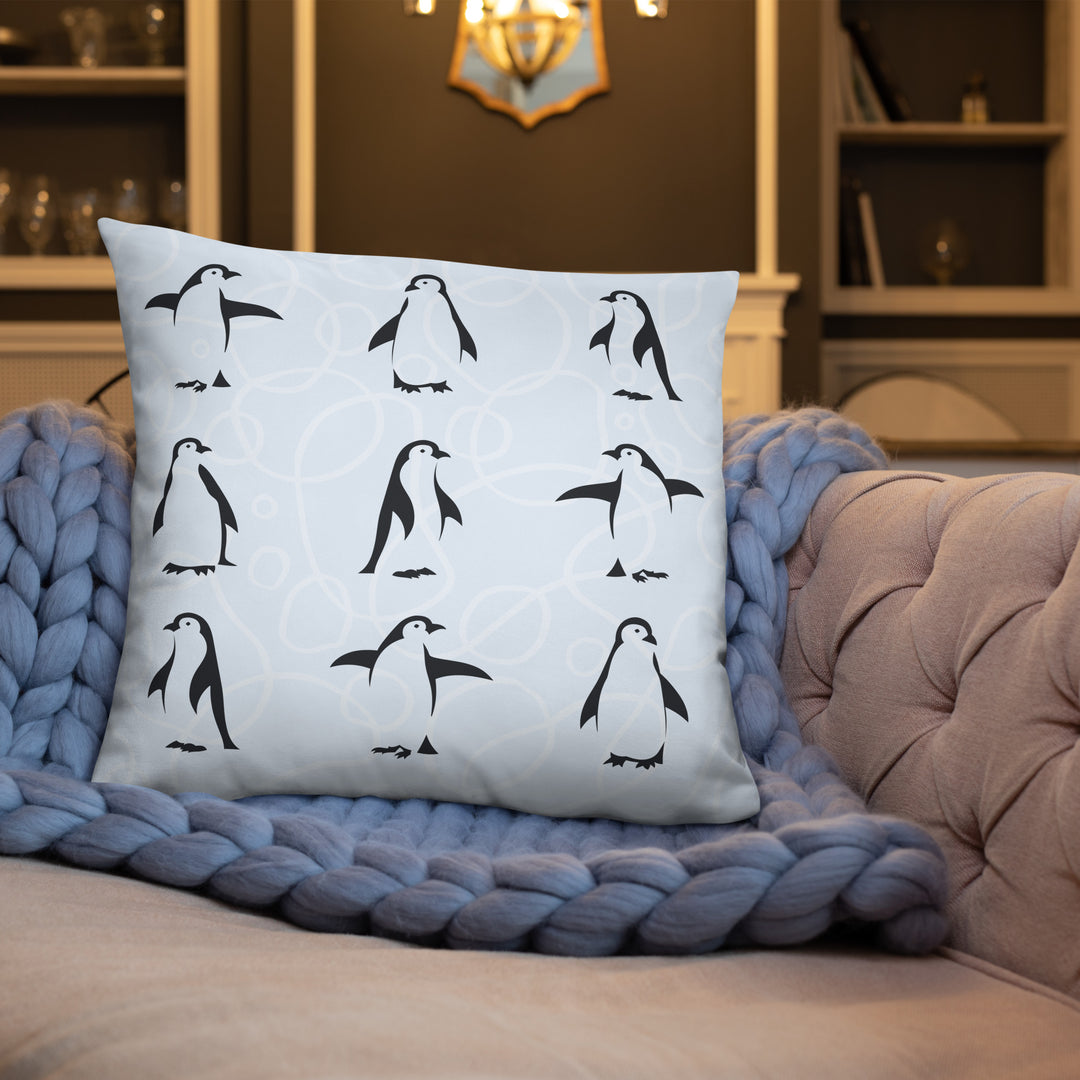 Penguin Parade Pillow with Geometric Blue Reverse