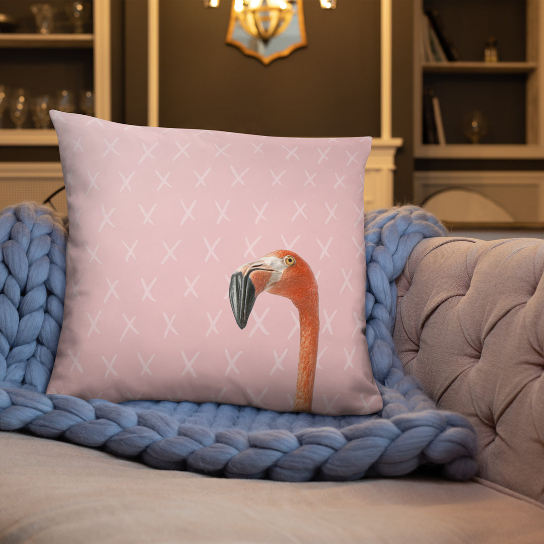 Curious Flamingo Pillow with Geometric Hexagon Reverse