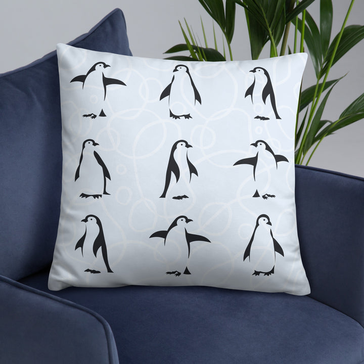 Penguin Parade Pillow with Geometric Blue Reverse