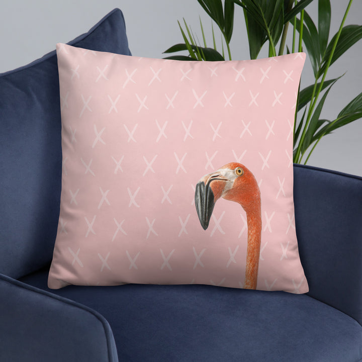 Curious Flamingo Pillow with Geometric Hexagon Reverse