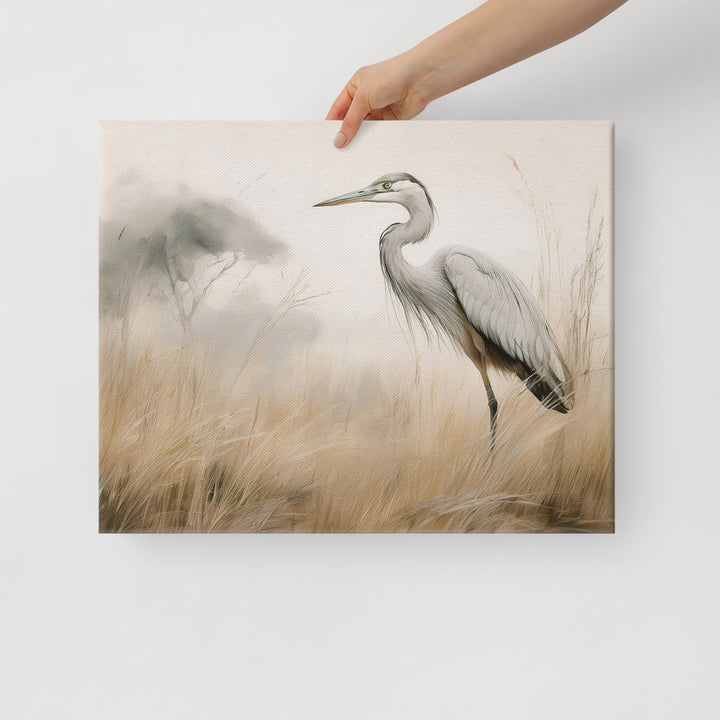 Graceful Heron in Misty Reeds - Canvas Print