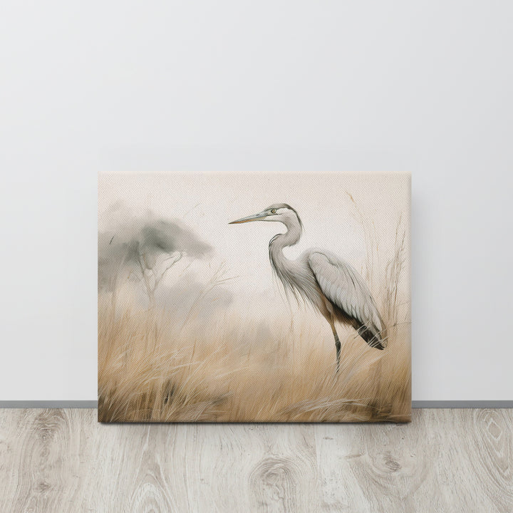 Graceful Heron in Misty Reeds - Canvas Print