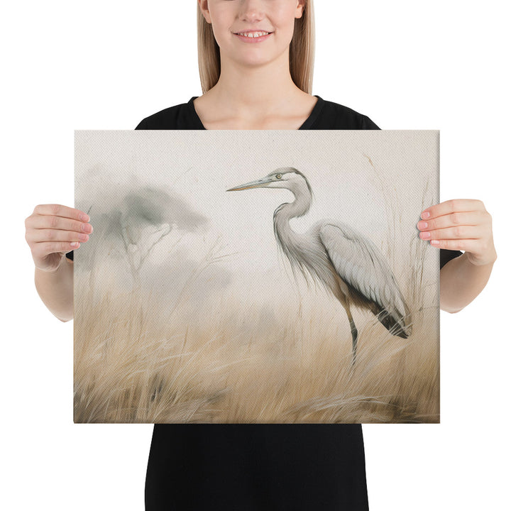 Graceful Heron in Misty Reeds - Canvas Print