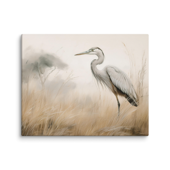 Graceful Heron in Misty Reeds - Canvas Print