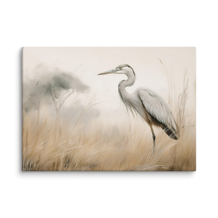 Graceful Heron in Misty Reeds - Canvas Print