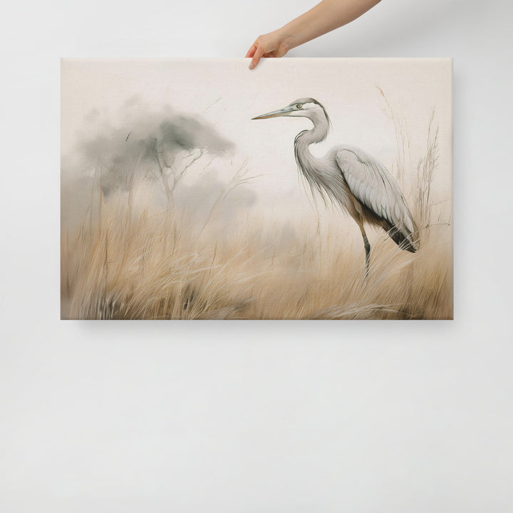 Graceful Heron in Misty Reeds - Canvas Print