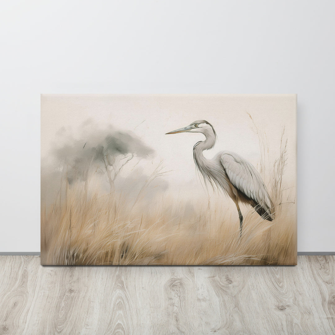 Graceful Heron in Misty Reeds - Canvas Print