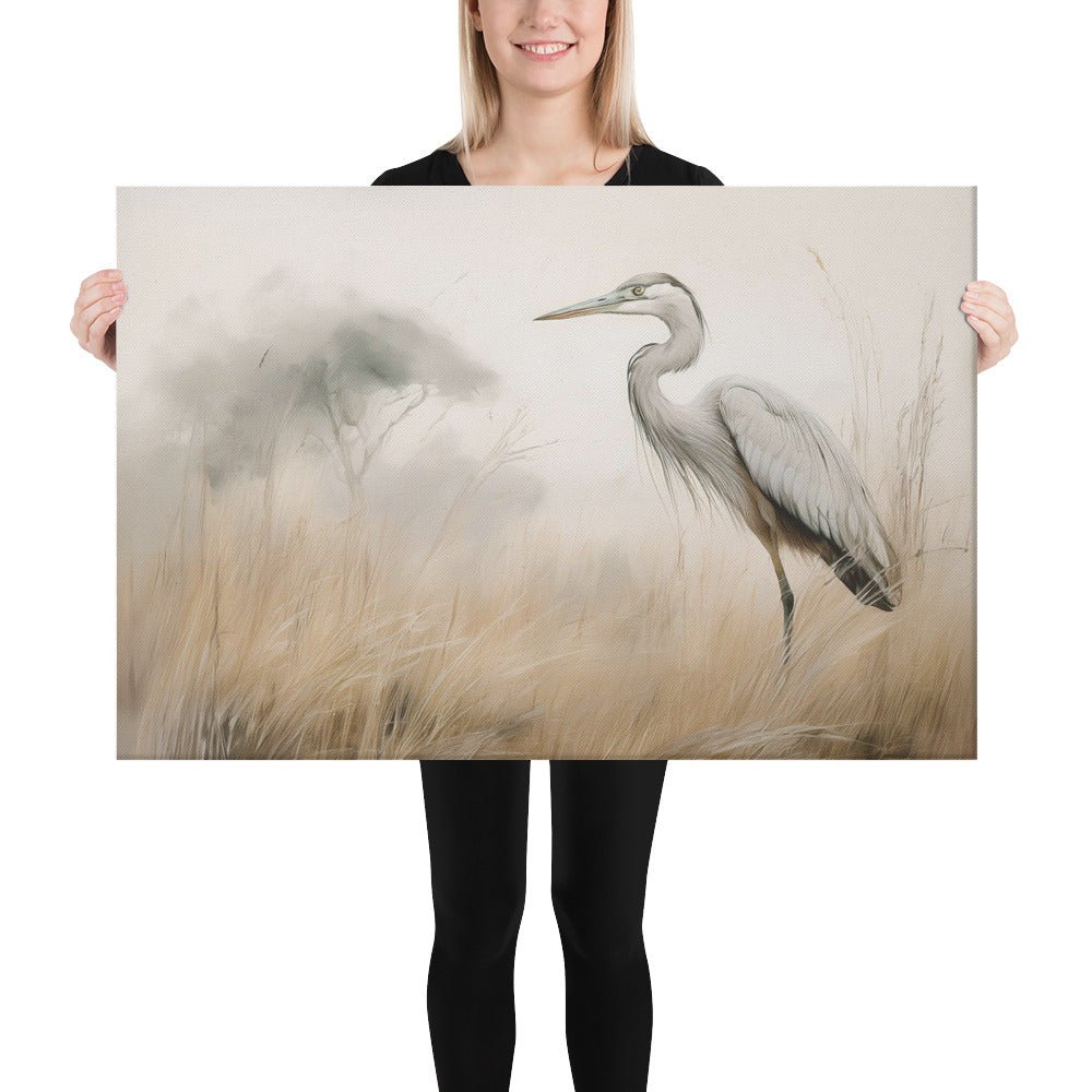 Graceful Heron in Misty Reeds - Canvas Print