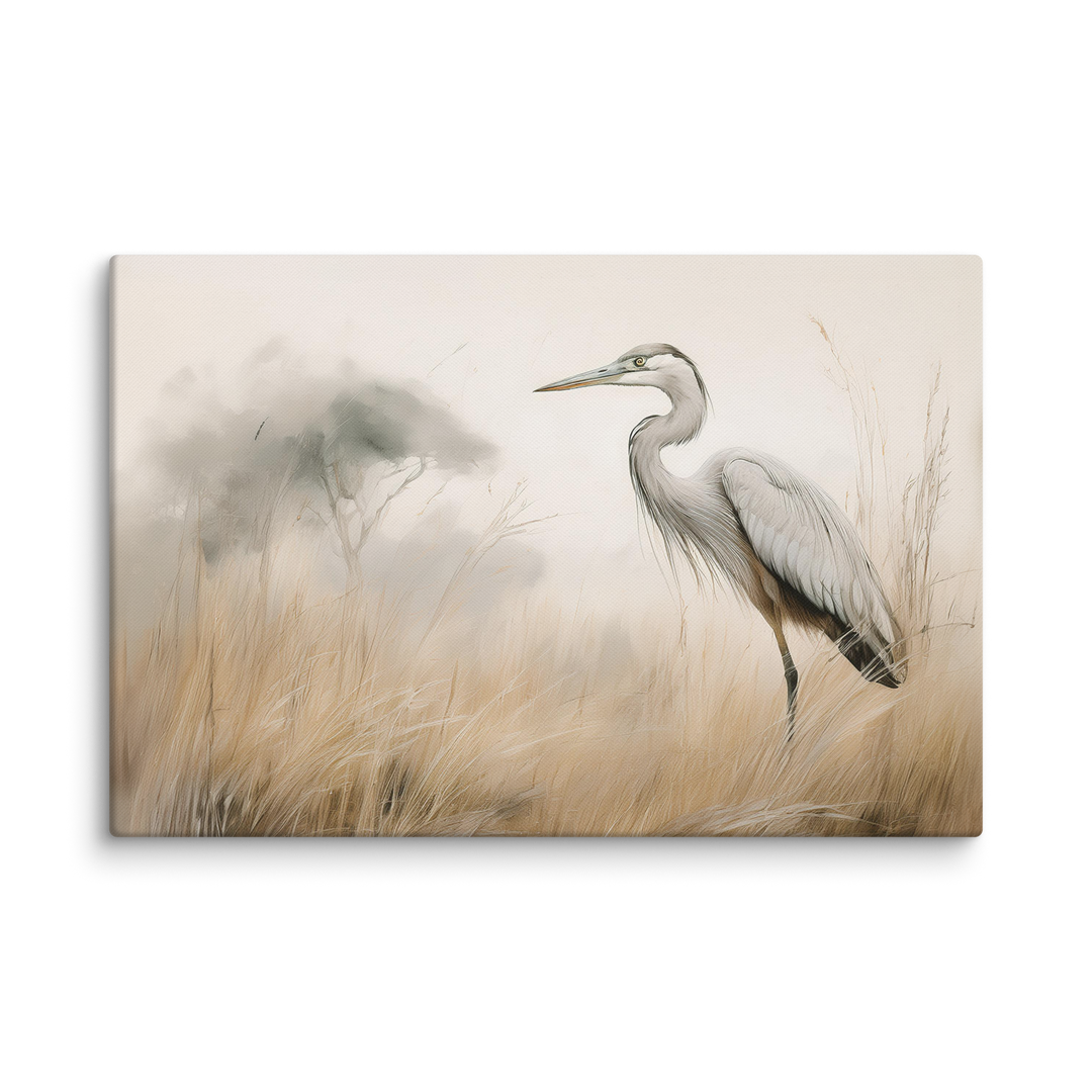 Graceful Heron in Misty Reeds - Canvas Print