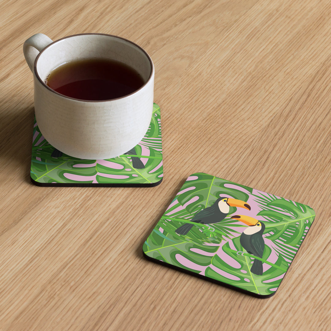 Tropical Toucans and Lush Leaves - Cork-backed coaster