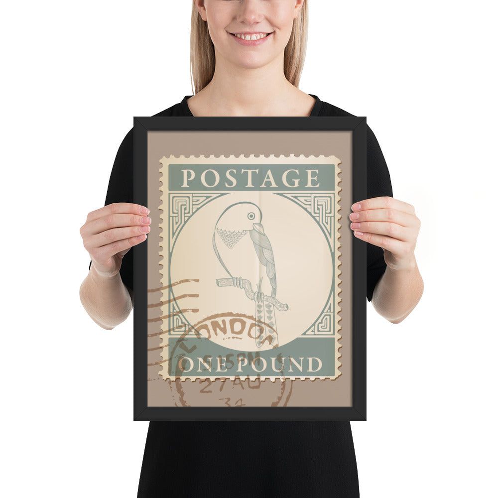 One Pound Parrot Stamp to London - Framed Print - Birds in Postage