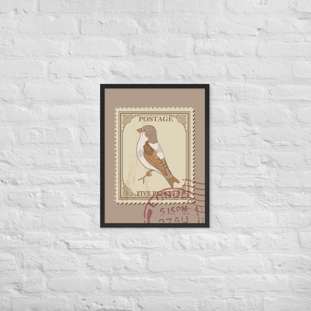 Five Pence Finch Stamp to London - Framed Print - Birds in Postage