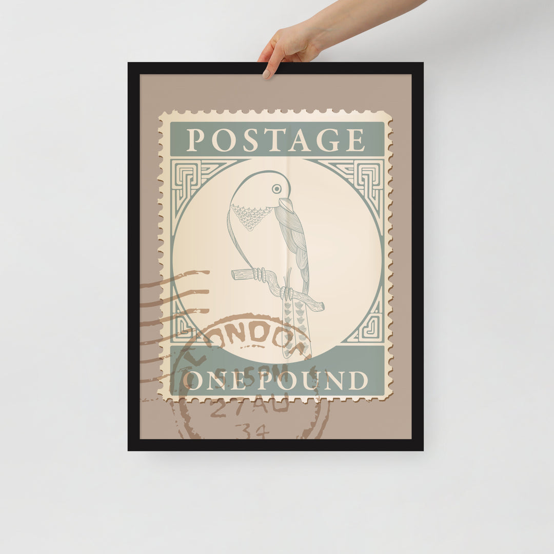 One Pound Parrot Stamp to London - Framed Print - Birds in Postage