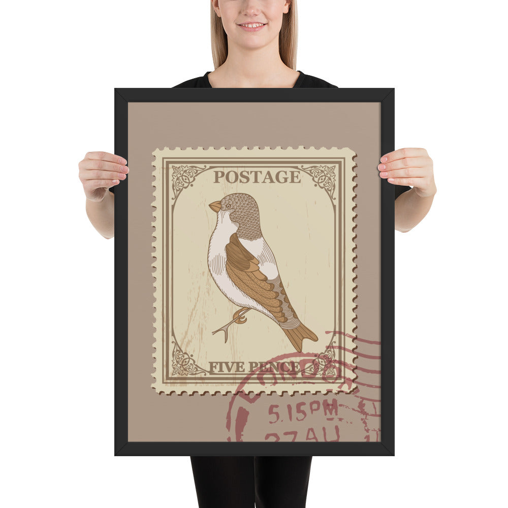 Five Pence Finch Stamp to London - Framed Print - Birds in Postage