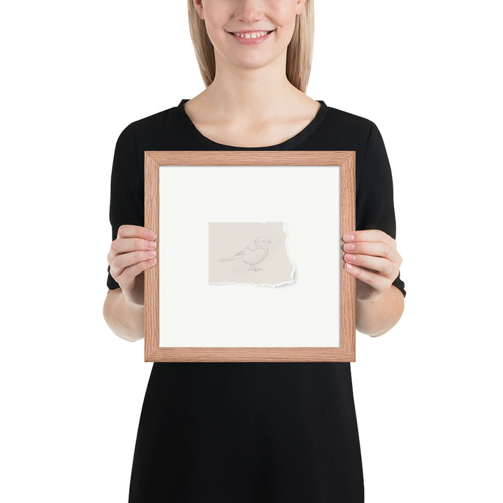 Chickadee Drawing on Beige Paper - Tearaway Bird Sketch - 10" Framed Print