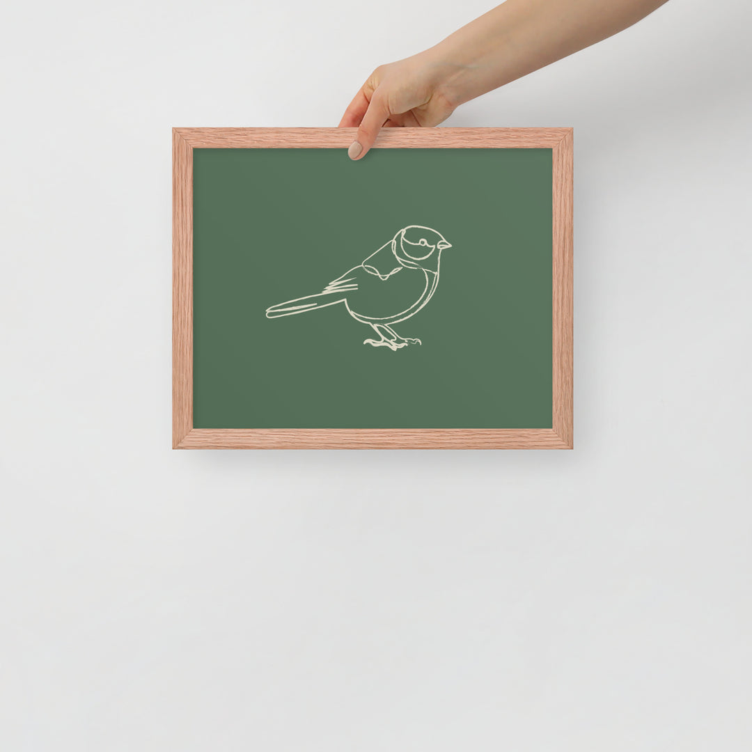 Beige Line Bird Sketch on Green – 11"x14" Red Oak Framed Minimalist Wall Art Print