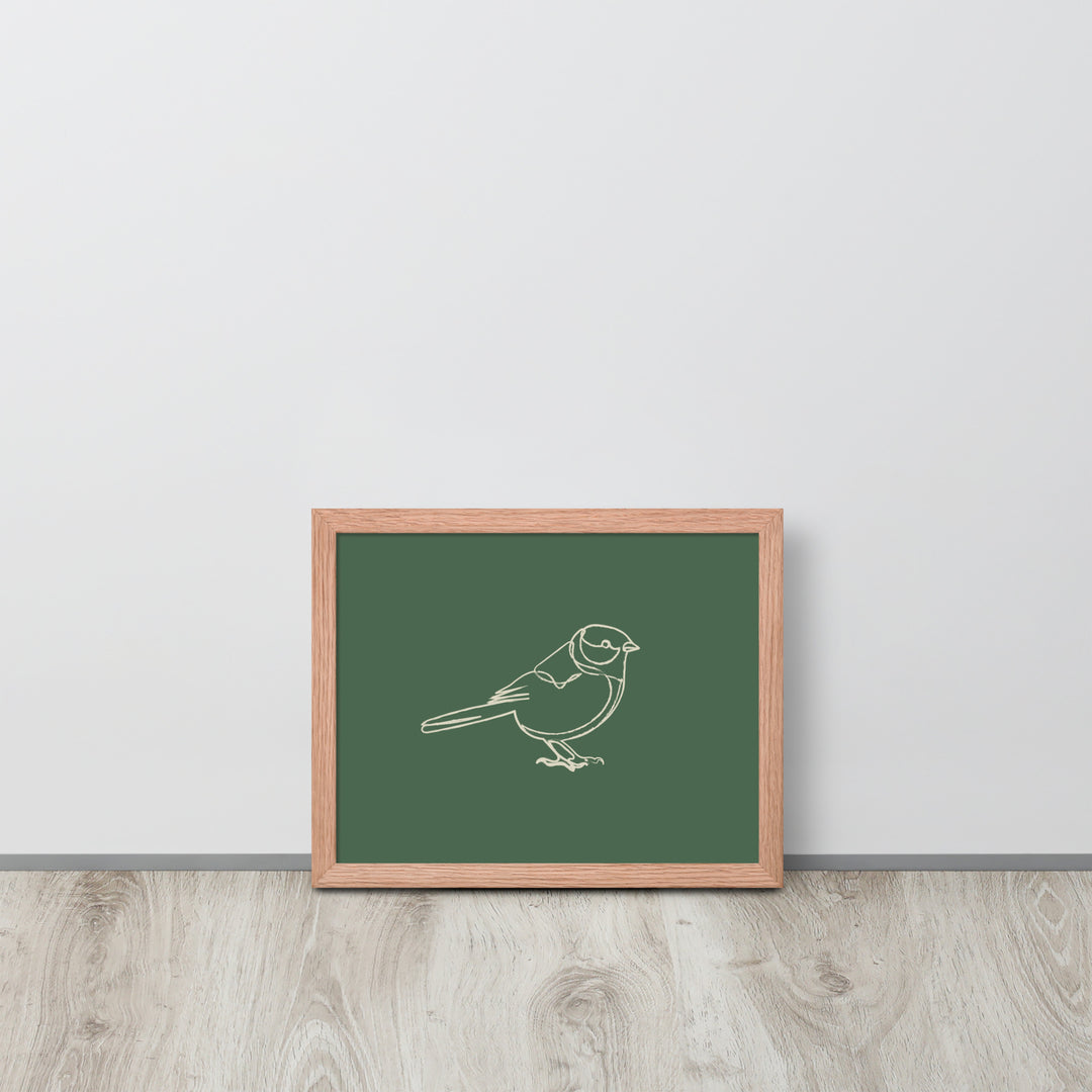 Beige Line Bird Sketch on Green – 11"x14" Red Oak Framed Minimalist Wall Art Print