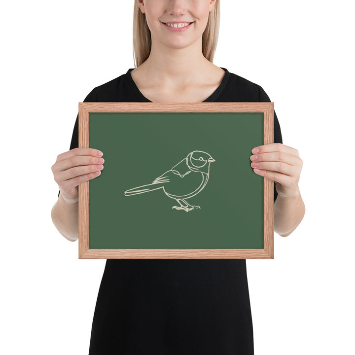 Beige Line Bird Sketch on Green – 11"x14" Red Oak Framed Minimalist Wall Art Print