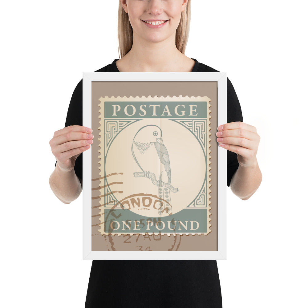 One Pound Parrot Stamp to London - Framed Print - Birds in Postage