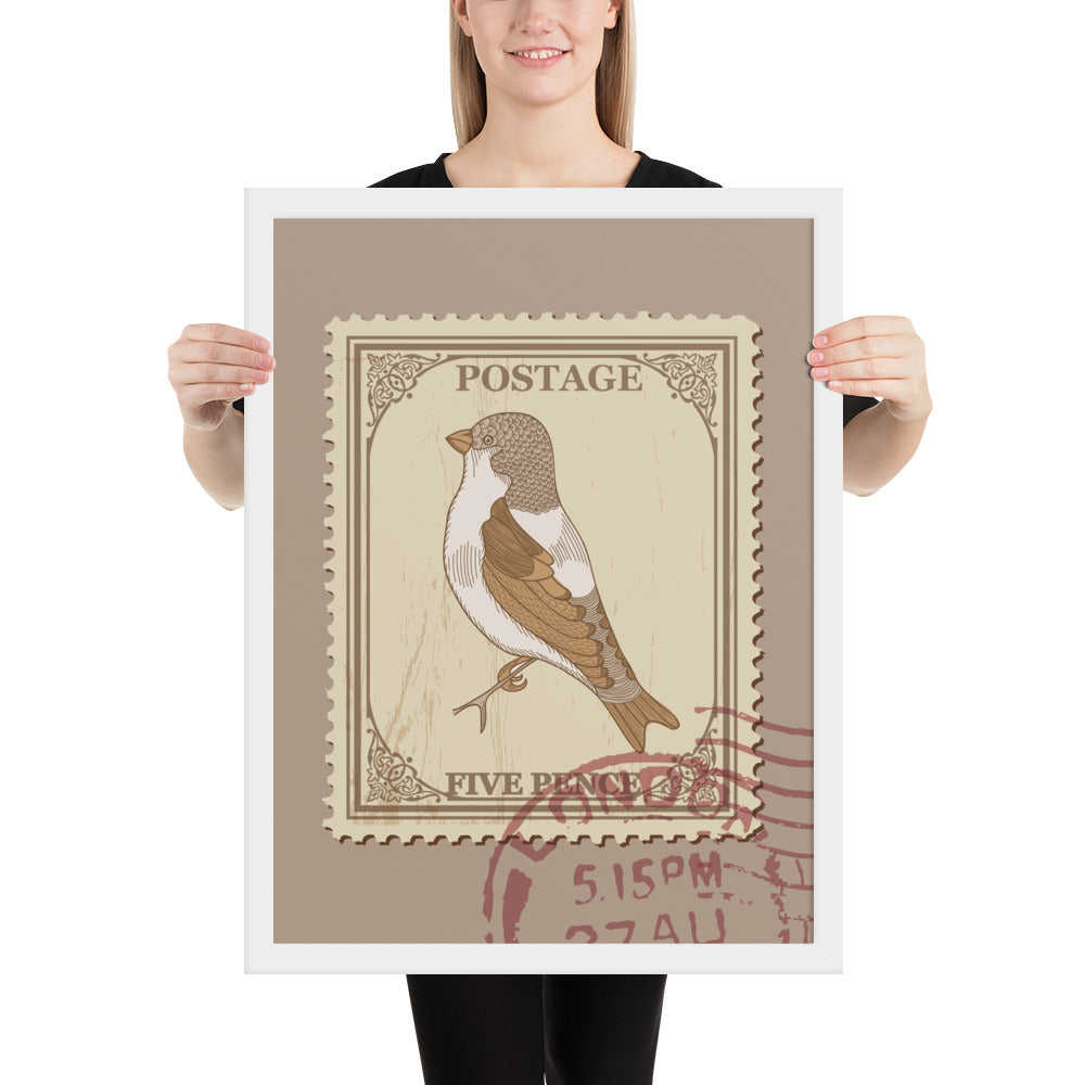 Five Pence Finch Stamp to London - Framed Print - Birds in Postage